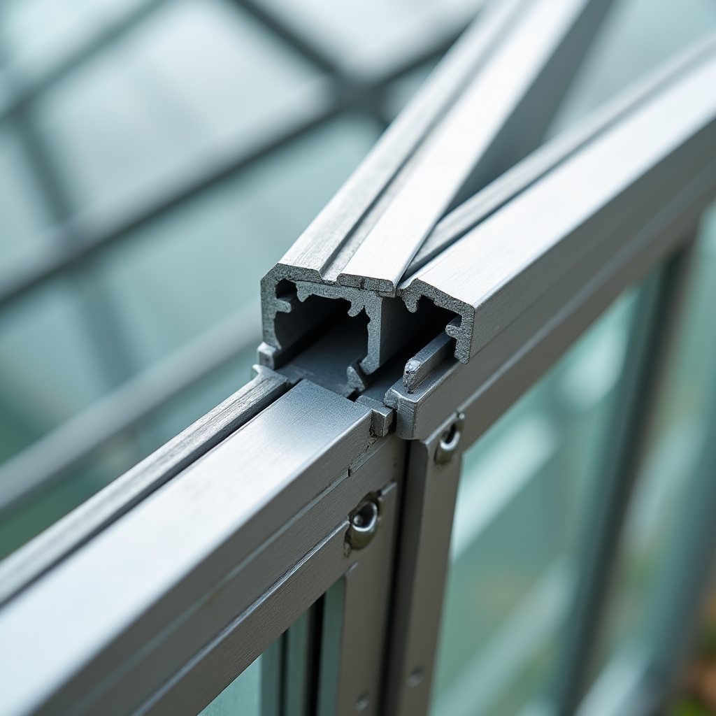Detalle de la estructura de aluminio de un micro-invernadero con conectores y perfiles de alta resistencia