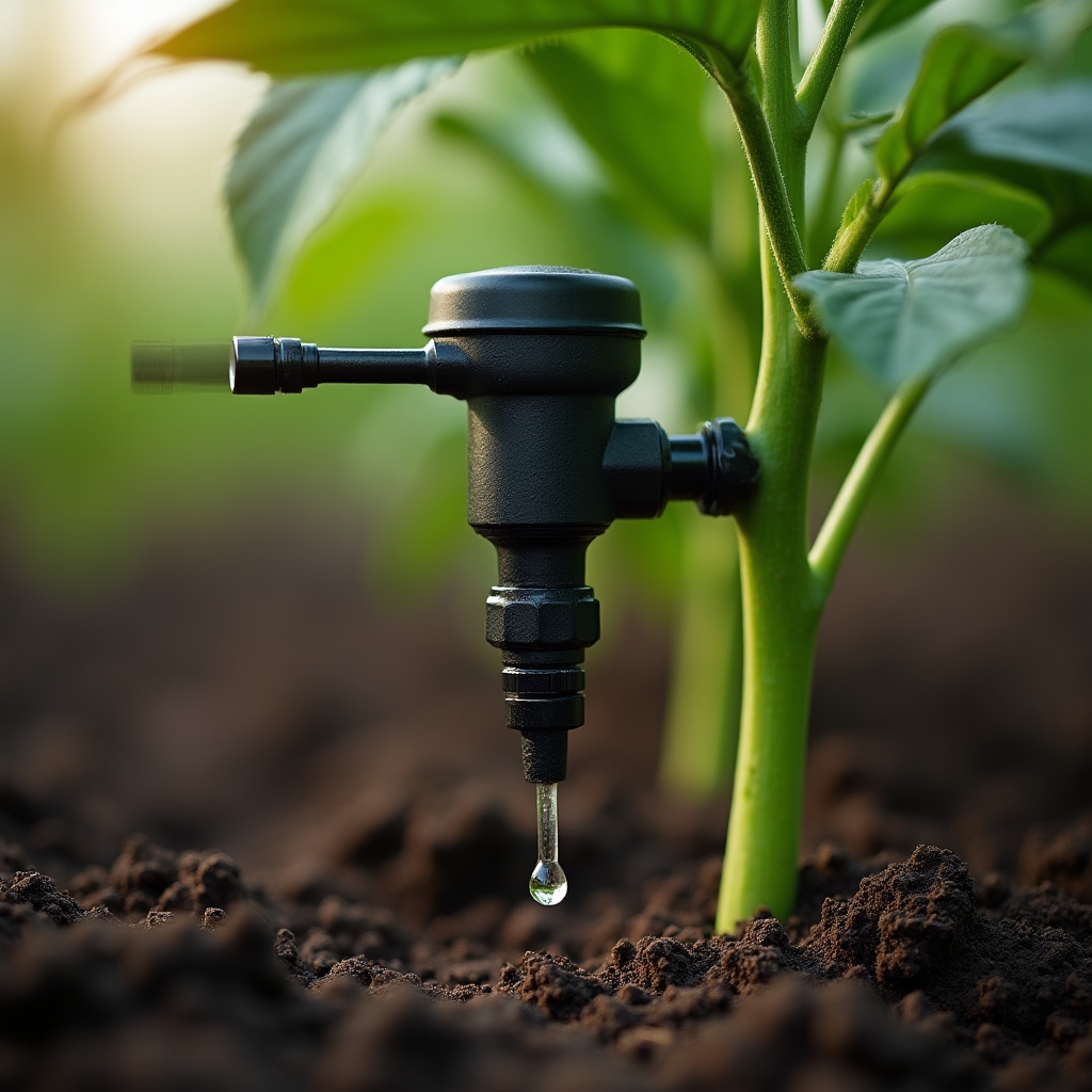 Detalle de instalación de goteros autocompensantes en línea de riego de un invernadero doméstico con plantas de pimiento