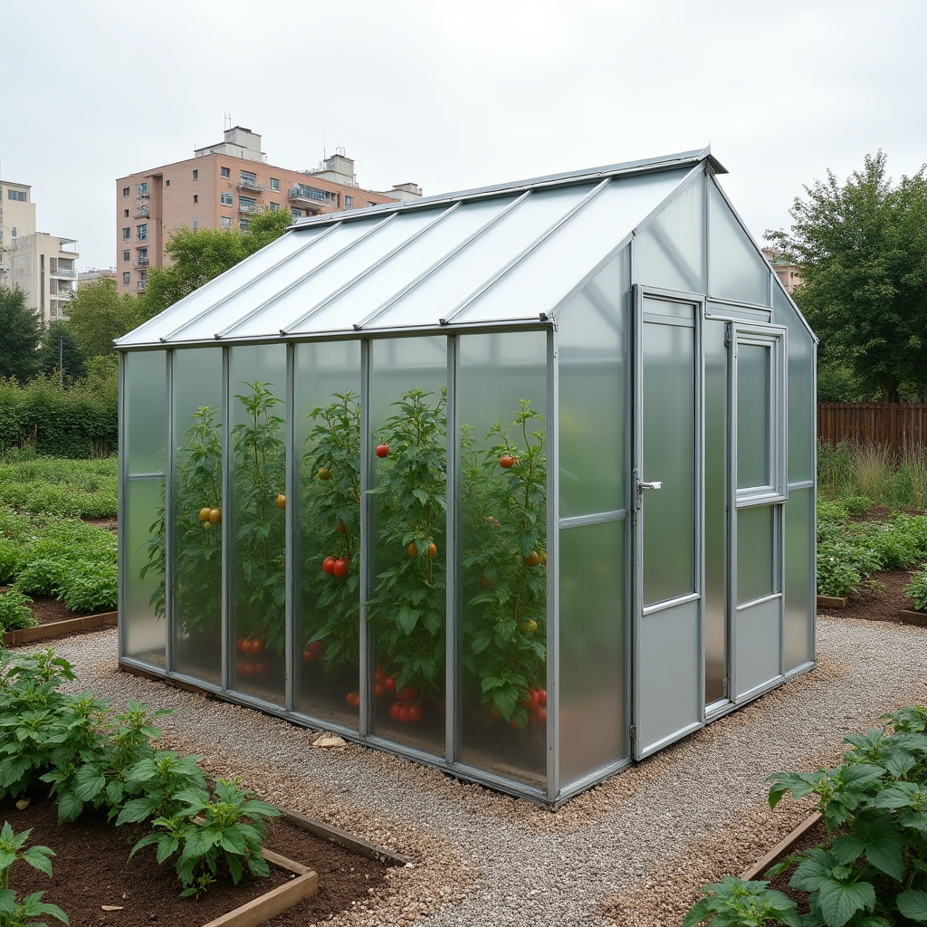 Invernadero de policarbonato celular instalado en huerto urbano con plantas de tomate en su interior