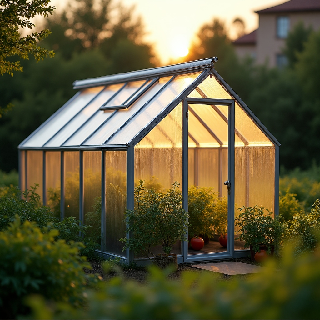 Micro-invernadero doméstico con estructura de aluminio y cubierta de policarbonato en jardín urbano