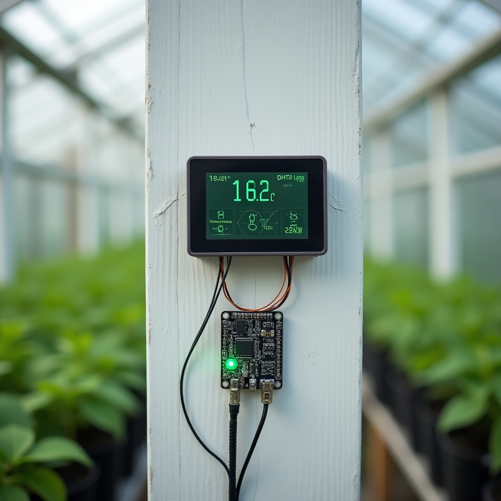 Panel de control con pantalla mostrando datos de temperatura, humedad y CO2 de un micro-invernadero automatizado